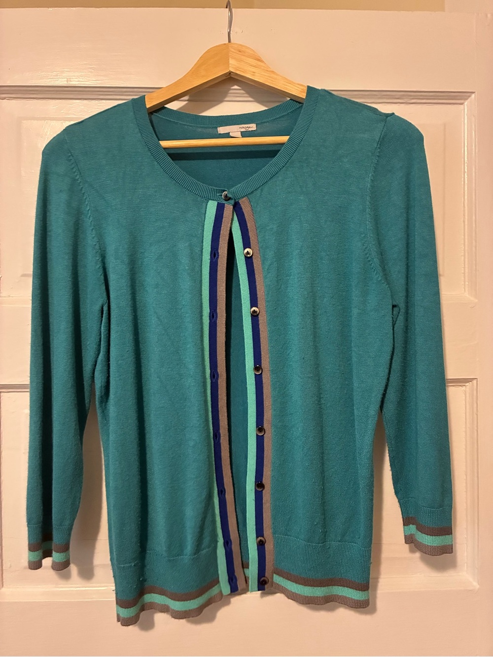 Halogen Teal Button-Front Cardigan with Multicolor Stripe Trim